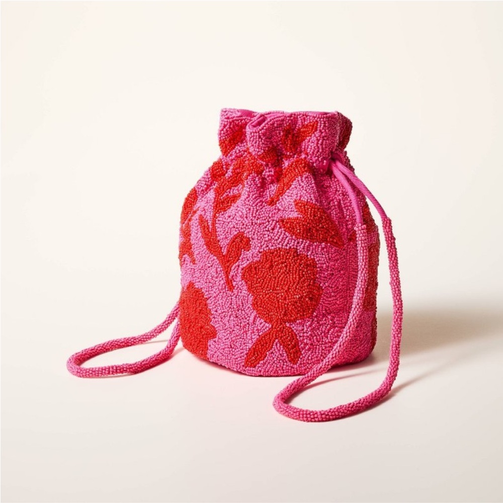 NWT Kate Spade X Target Pink and Red Beaded Flower Print Drawstring Bag